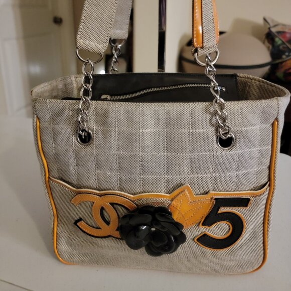 Authentic Chanel Chocolate Bar Camellia No.5 Hand Bag Canvas Gray Yellow - Picture 1 of 11